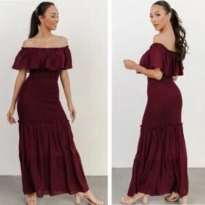 [Baltic Born] Maroon Amalfi Smocked Off The Shoulder Ruffle Maxi Dress Sz Medium